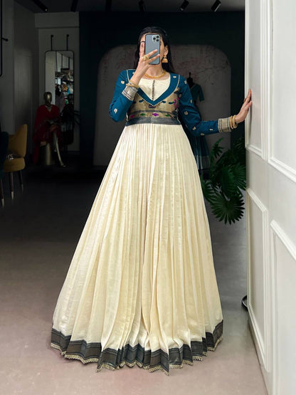 Premium Long Dress in Vichitra Silk – Zari Weaving with Lace Detailing