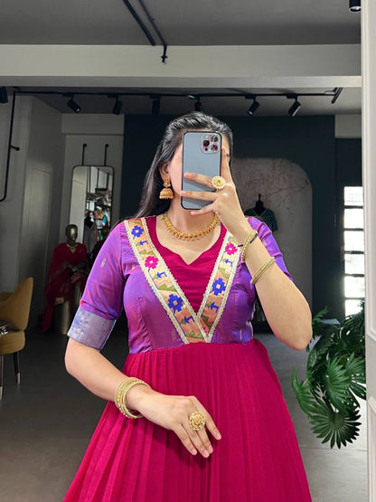 Premium Long Dress in Vichitra Silk – Zari Weaving with Lace Detailing