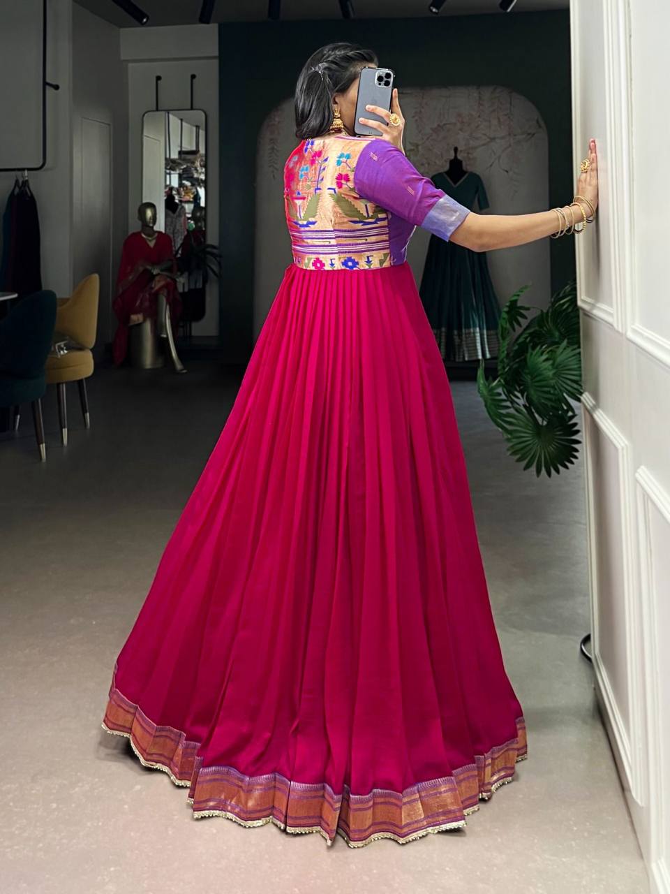 Premium Long Dress in Vichitra Silk – Zari Weaving with Lace Detailing