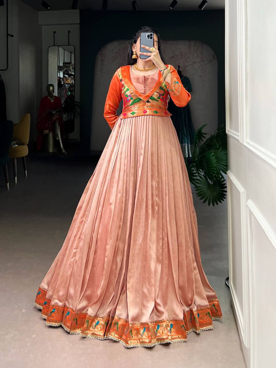 Premium Long Dress in Vichitra Silk – Zari Weaving with Lace Detailing