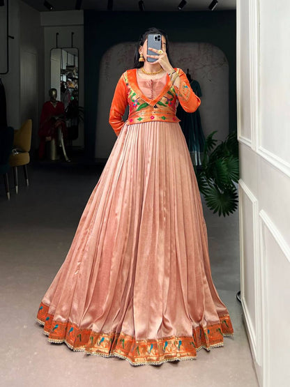 Premium Long Dress in Vichitra Silk – Zari Weaving with Lace Detailing