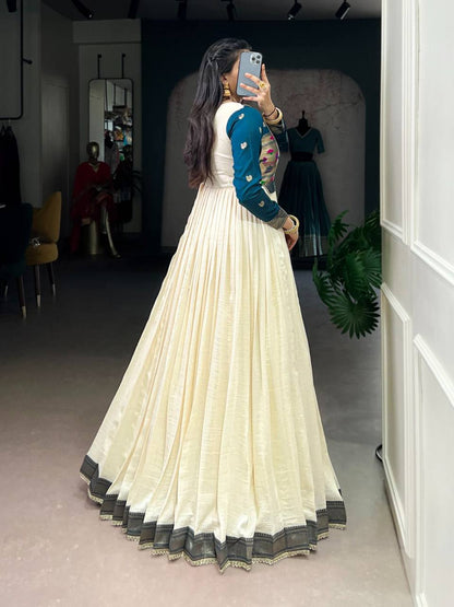 Premium Long Dress in Vichitra Silk – Zari Weaving with Lace Detailing