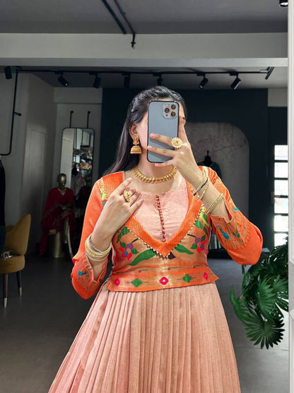 Premium Long Dress in Vichitra Silk – Zari Weaving with Lace Detailing