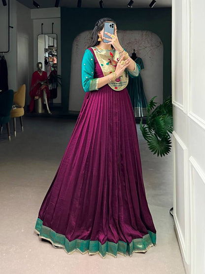 Premium Long Dress in Vichitra Silk – Zari Weaving with Lace Detailing