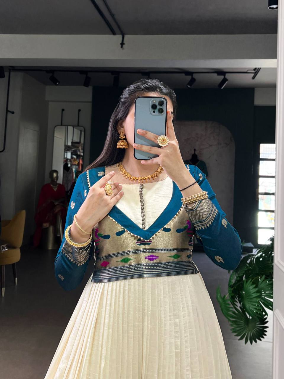 Premium Long Dress in Vichitra Silk – Zari Weaving with Lace Detailing