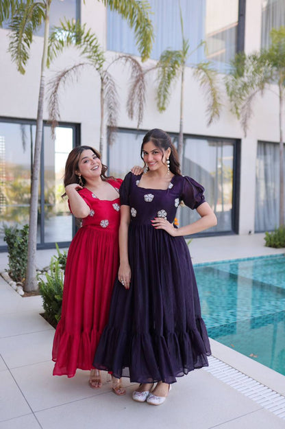 Premium Readymade Designer Gown – Fendi Silk with Beads Embroidery, 7‑Meter Flair