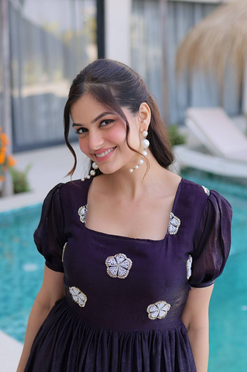 Premium Readymade Designer Gown – Fendi Silk with Beads Embroidery, 7‑Meter Flair