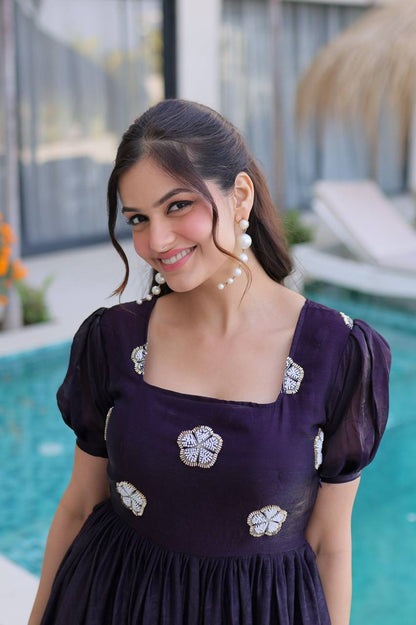 Premium Readymade Designer Gown – Fendi Silk with Beads Embroidery, 7‑Meter Flair