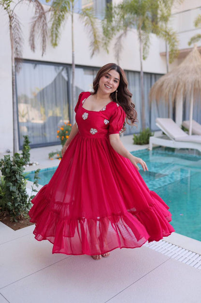 Premium Readymade Designer Gown – Fendi Silk with Beads Embroidery, 7‑Meter Flair