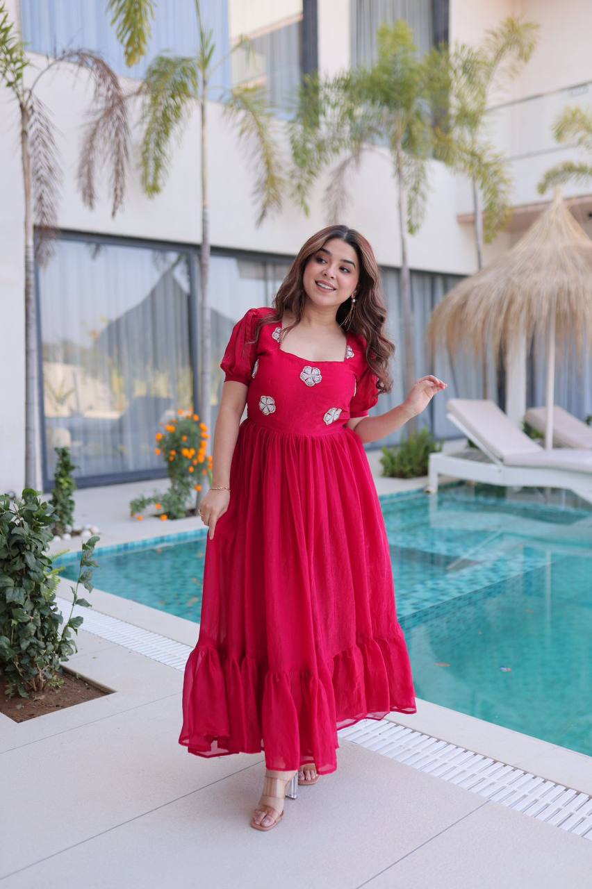 Premium Readymade Designer Gown – Fendi Silk with Beads Embroidery, 7‑Meter Flair