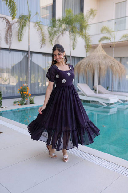 Premium Readymade Designer Gown – Fendi Silk with Beads Embroidery, 7‑Meter Flair