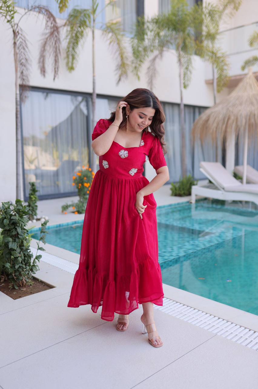 Premium Readymade Designer Gown – Fendi Silk with Beads Embroidery, 7‑Meter Flair