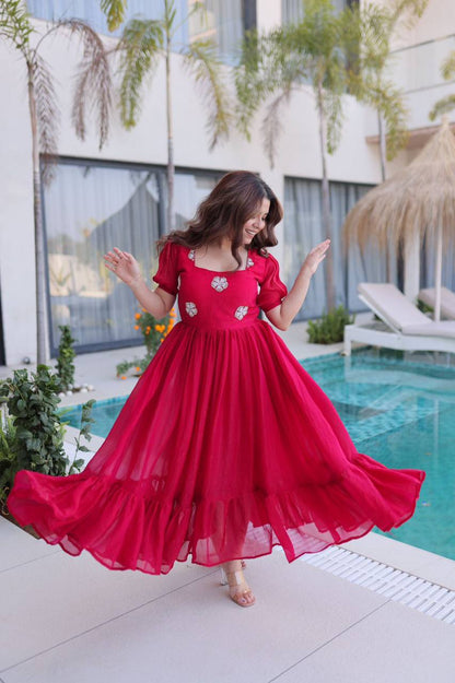 Premium Readymade Designer Gown – Fendi Silk with Beads Embroidery, 7‑Meter Flair