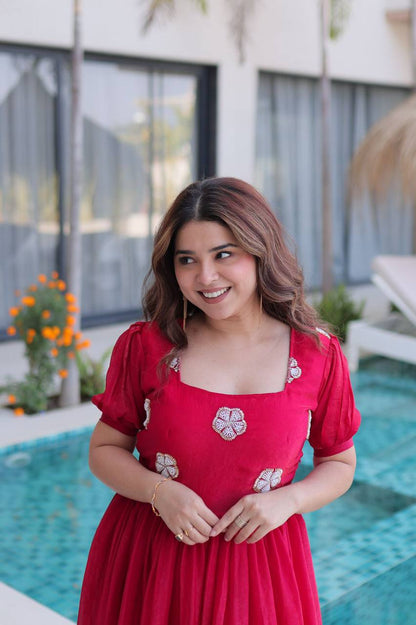 Premium Readymade Designer Gown – Fendi Silk with Beads Embroidery, 7‑Meter Flair