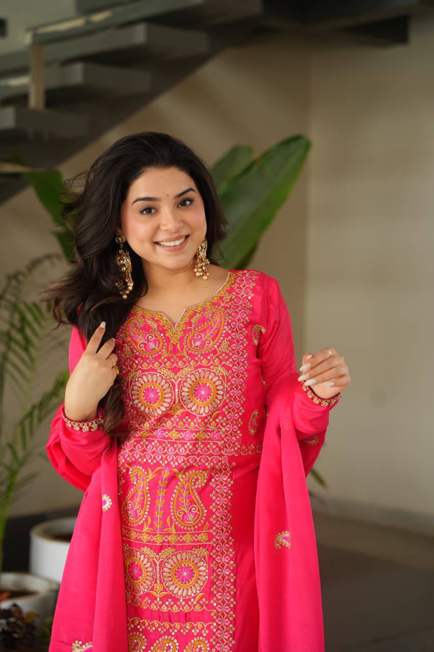 Premium Designer GMY Silk Top‑Pant‑Dupatta Set – Heavy Sequins Embroidery