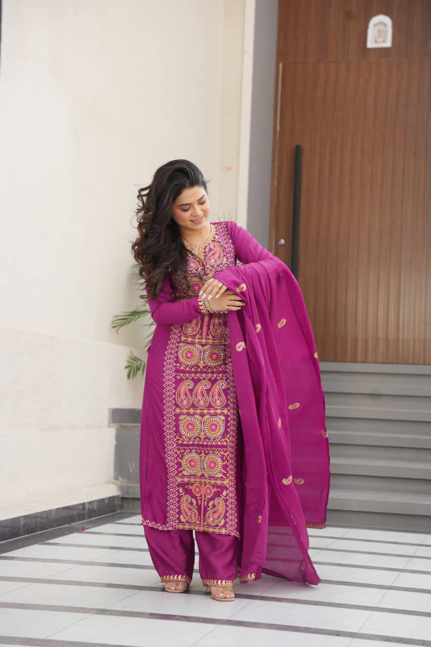 Premium Designer GMY Silk Top‑Pant‑Dupatta Set – Heavy Sequins Embroidery