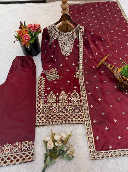 Premium Designer GMY Silk Top‑Pant‑Dupatta Set – Heavy Sequins Embroidery