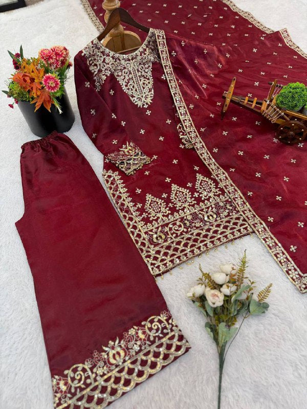 Premium Designer GMY Silk Top‑Pant‑Dupatta Set – Heavy Sequins Embroidery