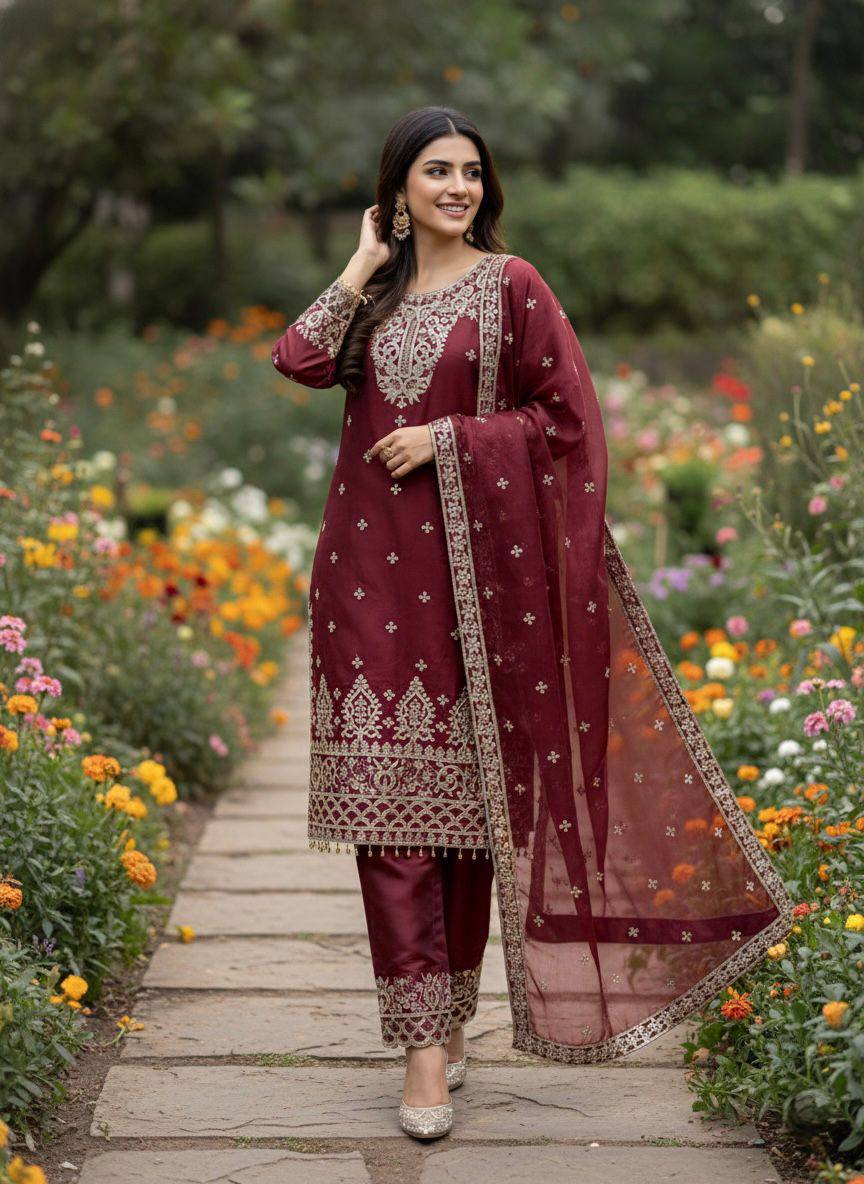 Premium Designer GMY Silk Top‑Pant‑Dupatta Set – Heavy Sequins Embroidery