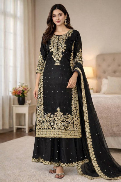 Premium Designer GMY Silk Top‑Bottom‑Dupatta Set – Heavy Embroidery Coding Sequins & Moti Work