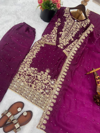 Premium Designer GMY Silk Top‑Bottom‑Dupatta Set – Heavy Embroidery Coding Sequins & Moti Work