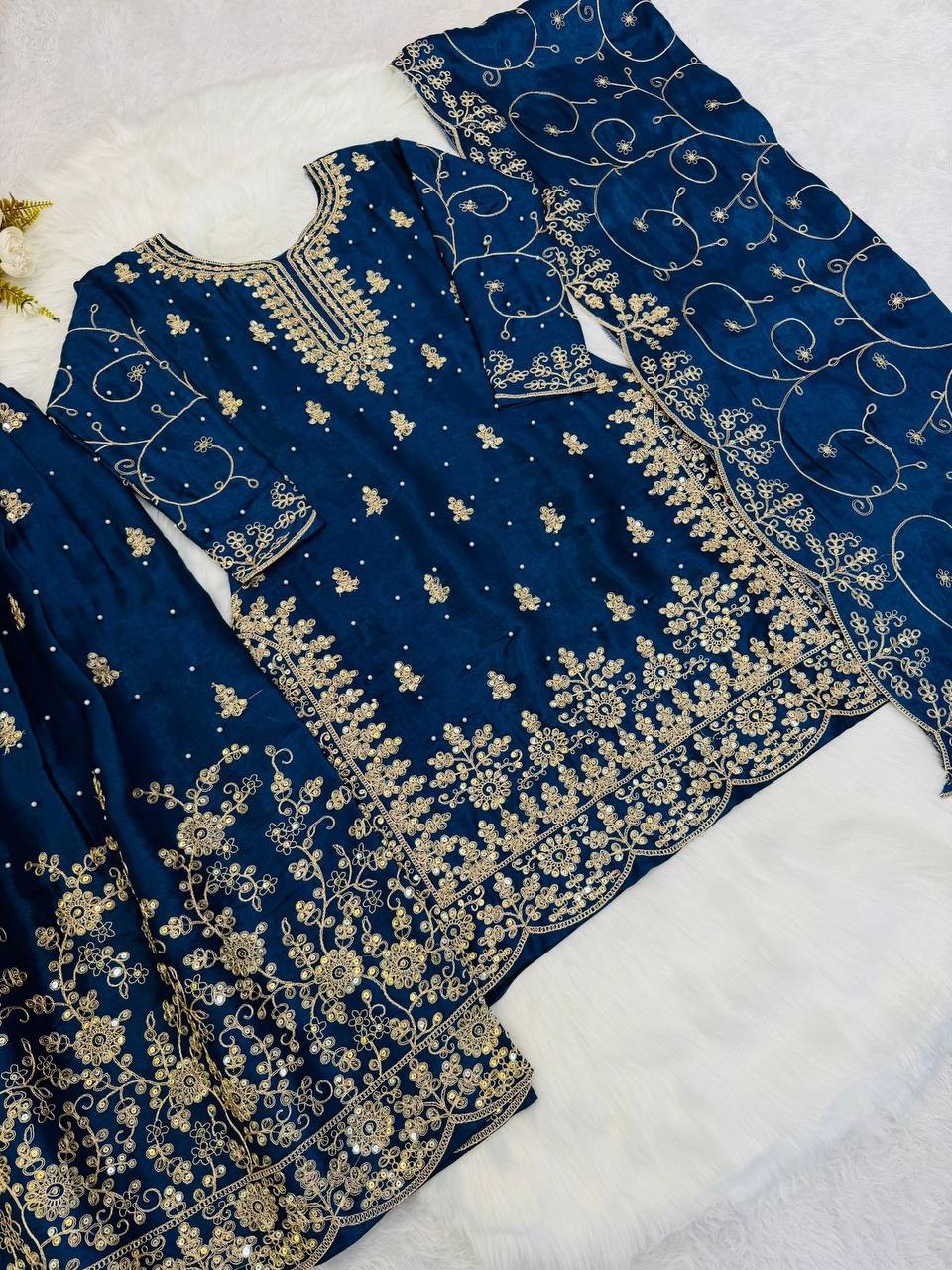 Premium Designer GMY Silk Top‑Plazzo‑Dupatta Set – Heavy Embroidery Sequins Work