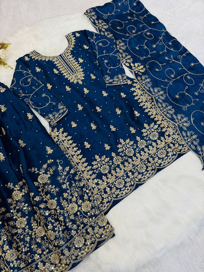 Premium Designer GMY Silk Top‑Plazzo‑Dupatta Set – Heavy Embroidery Sequins Work