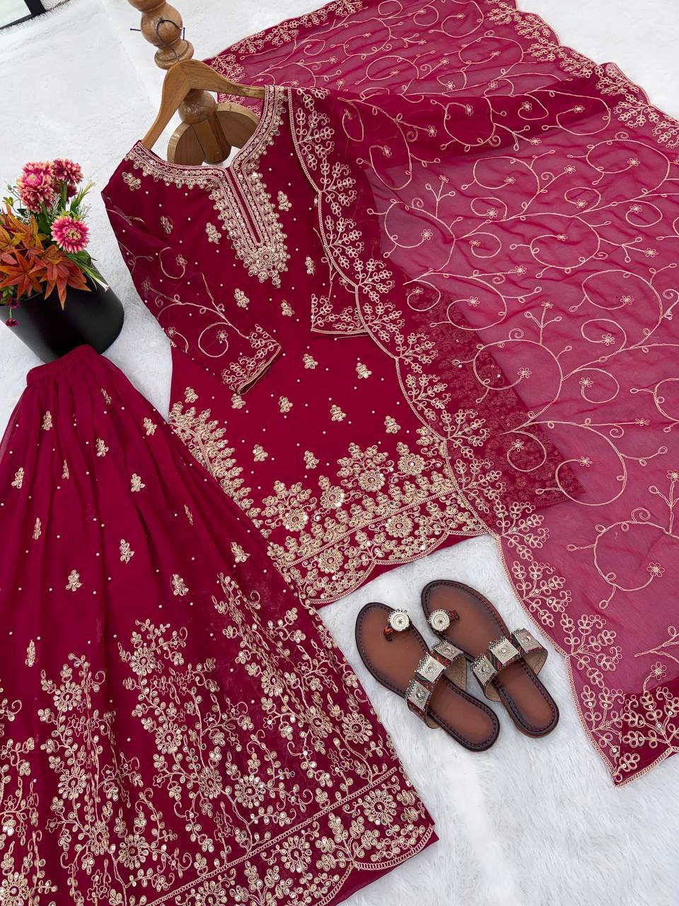 Premium Designer GMY Silk Top‑Plazzo‑Dupatta Set – Heavy Embroidery Sequins Work