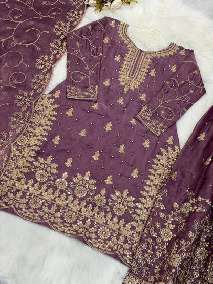 Premium Designer GMY Silk Top‑Plazzo‑Dupatta Set – Heavy Embroidery Sequins Work