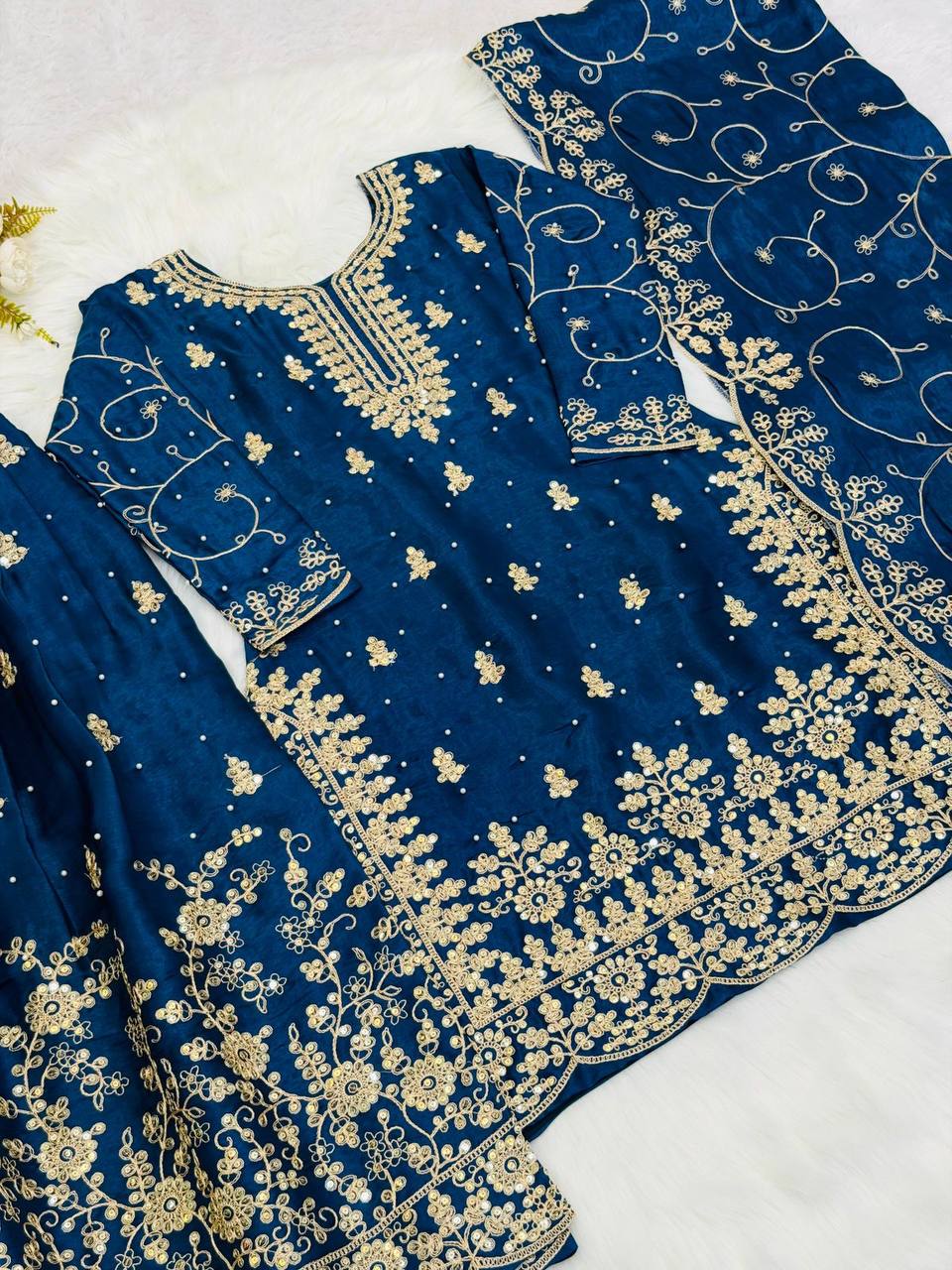 Premium Designer GMY Silk Top‑Plazzo‑Dupatta Set – Heavy Embroidery Sequins Work