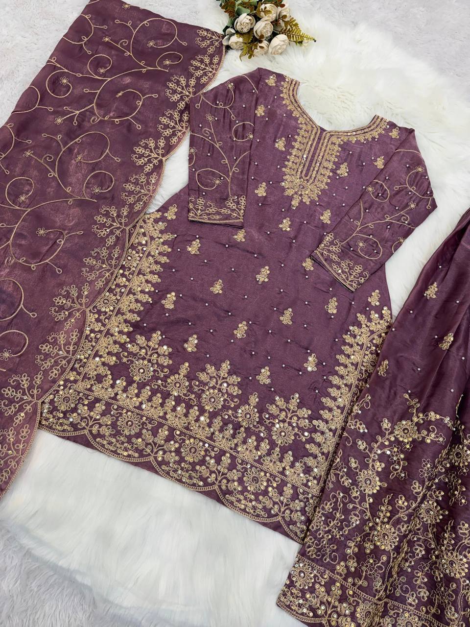 Premium Designer GMY Silk Top‑Plazzo‑Dupatta Set – Heavy Embroidery Sequins Work