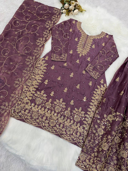 Premium Designer GMY Silk Top‑Plazzo‑Dupatta Set – Heavy Embroidery Sequins Work