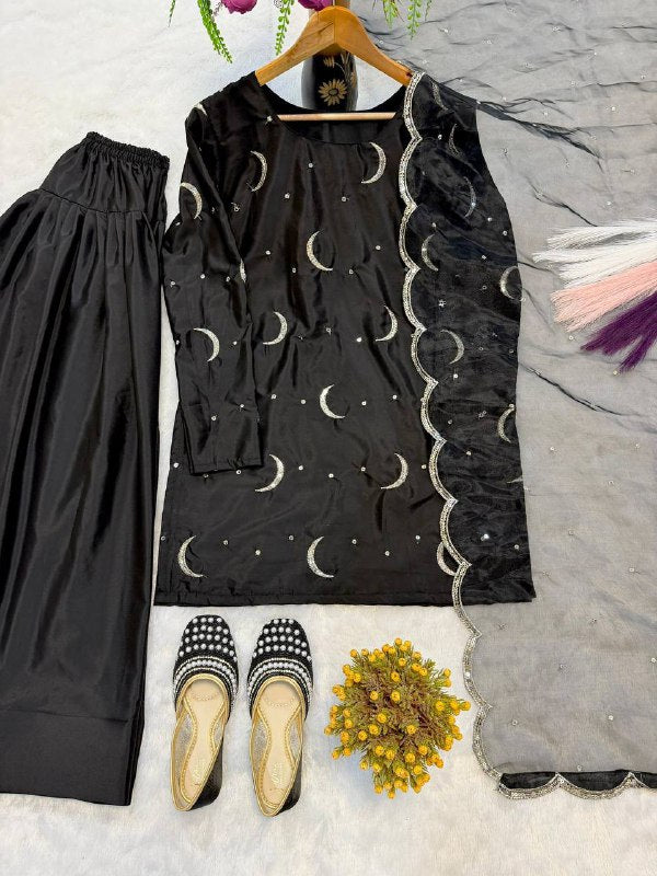 Premium Designer Party Wear Top with Farshi Salwar & Dupatta – Heavy Crepe Silk with Sequins Embroidery