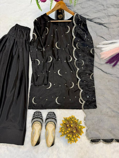 Premium Designer Party Wear Top with Farshi Salwar & Dupatta – Heavy Crepe Silk with Sequins Embroidery