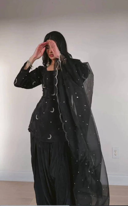 Premium Designer Party Wear Top with Farshi Salwar & Dupatta – Heavy Crepe Silk with Sequins Embroidery