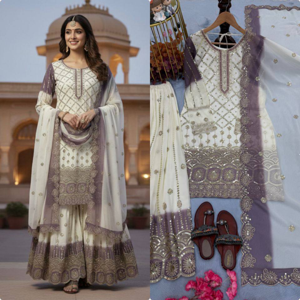 Premium Designer Party Wear Top‑Plazzo‑Dupatta Set – Heavy Dual Tone Georgette with Sequins Embroidery