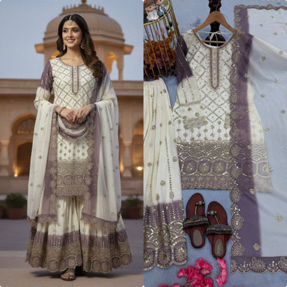 Premium Designer Party Wear Top‑Plazzo‑Dupatta Set – Heavy Dual Tone Georgette with Sequins Embroidery