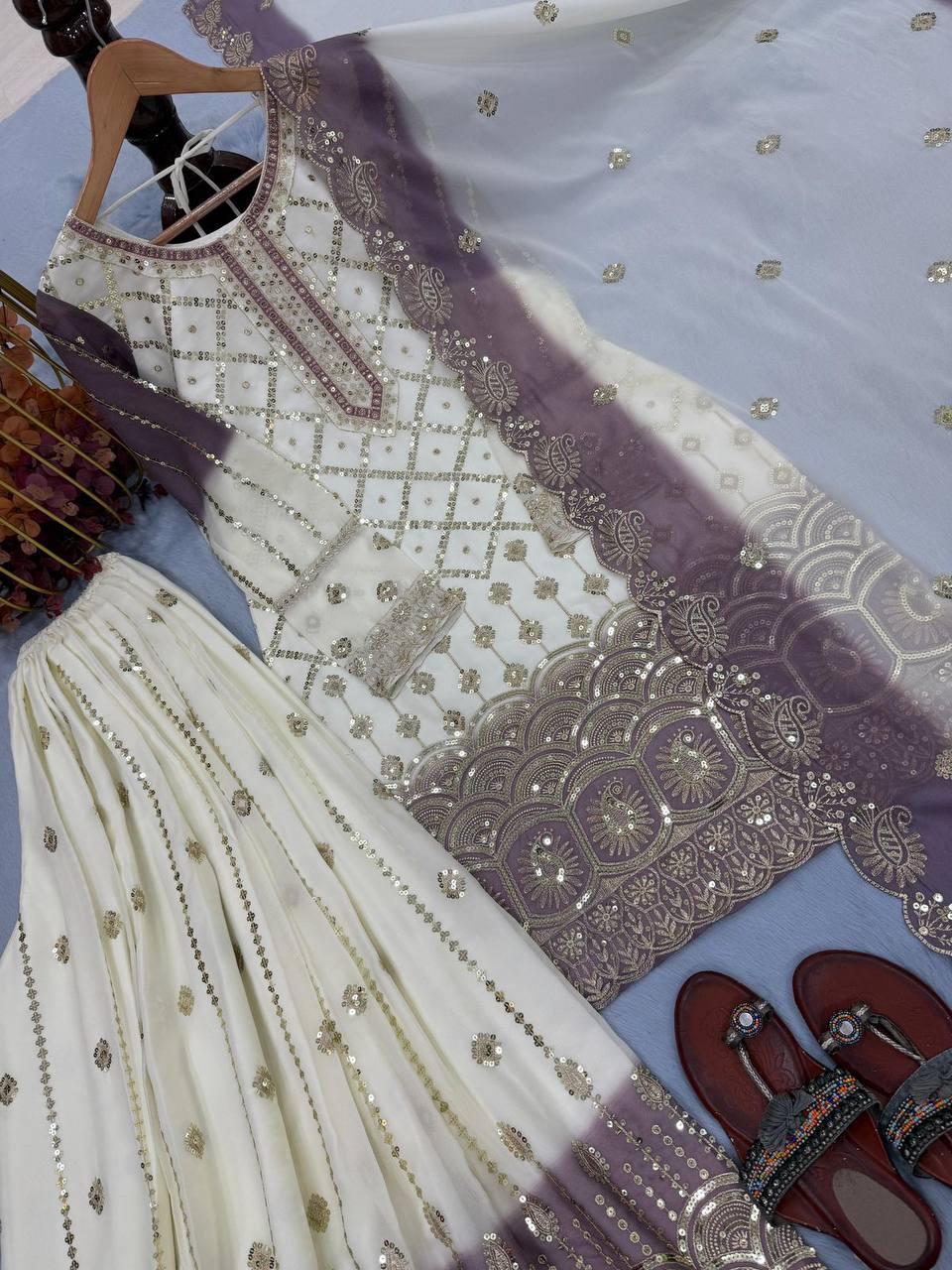 Premium Designer Party Wear Top‑Plazzo‑Dupatta Set – Heavy Dual Tone Georgette with Sequins Embroidery