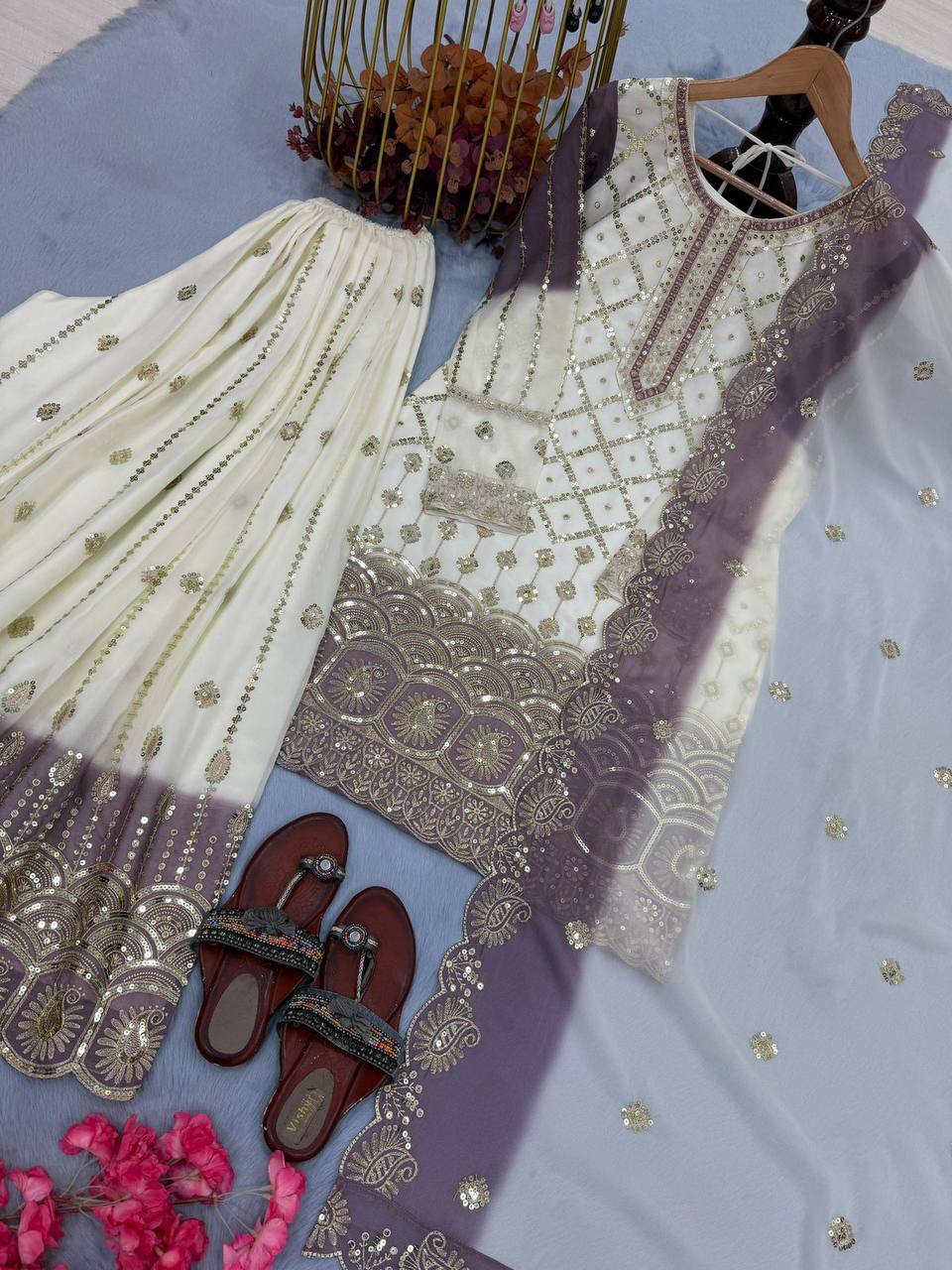 Premium Designer Party Wear Top‑Plazzo‑Dupatta Set – Heavy Dual Tone Georgette with Sequins Embroidery