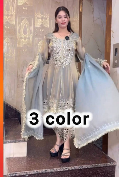 Premium Designer Party Wear Top with Dhoti & Dupatta – Heavy Frandy Silk with Real Mirror Embroidery