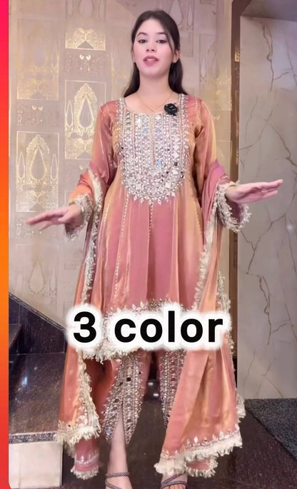 Premium Designer Party Wear Top with Dhoti & Dupatta – Heavy Frandy Silk with Real Mirror Embroidery