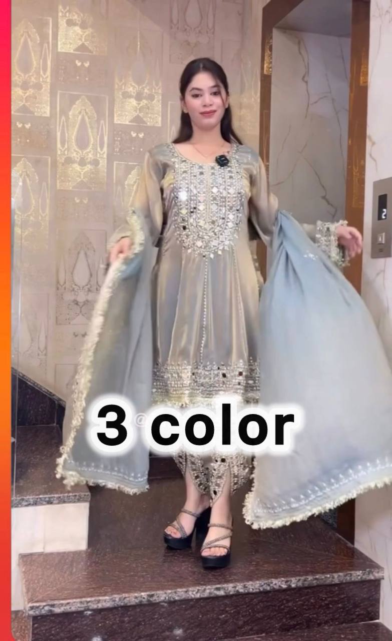 Premium Designer Party Wear Top with Dhoti & Dupatta – Heavy Frandy Silk with Real Mirror Embroidery
