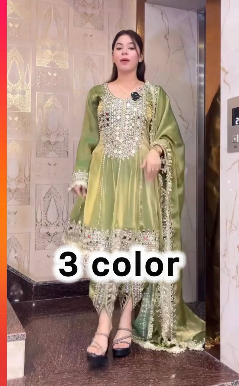 Premium Designer Party Wear Top with Dhoti & Dupatta – Heavy Frandy Silk with Real Mirror Embroidery
