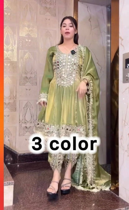 Premium Designer Party Wear Top with Dhoti & Dupatta – Heavy Frandy Silk with Real Mirror Embroidery