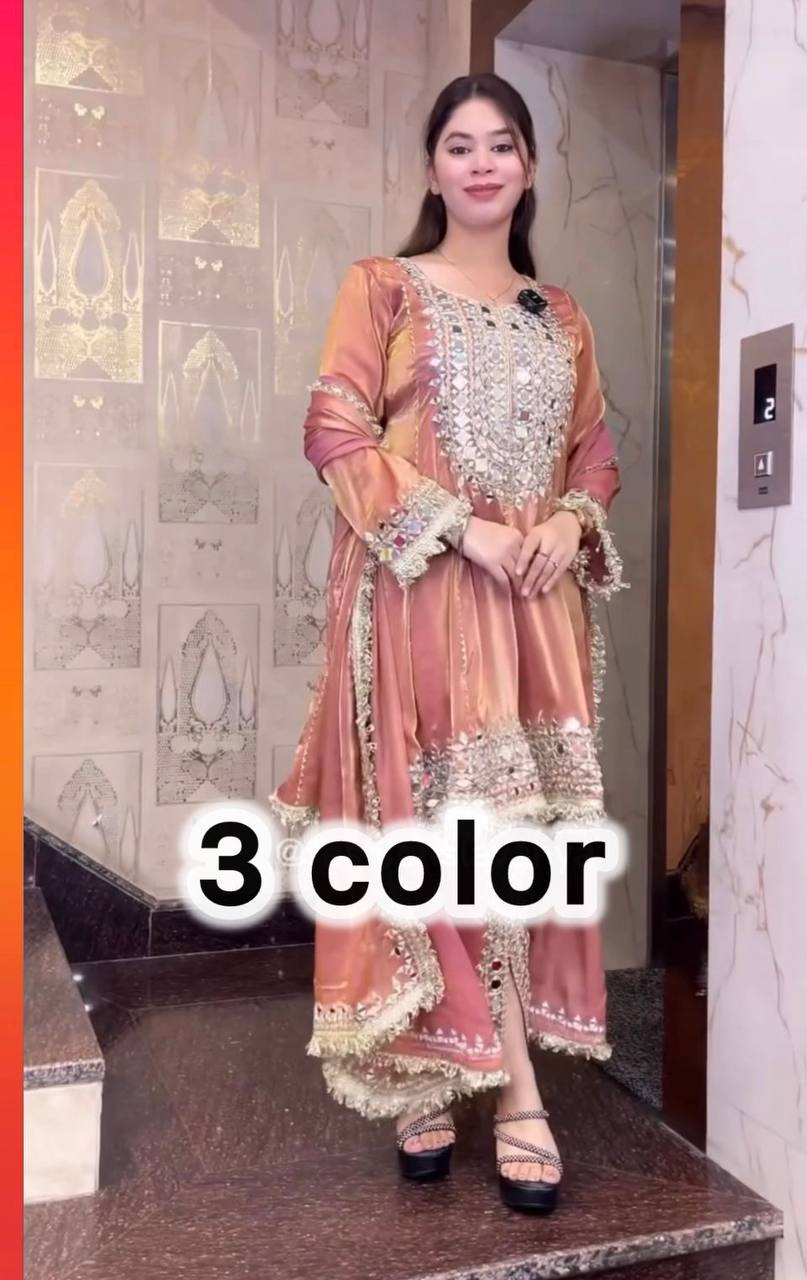 Premium Designer Party Wear Top with Dhoti & Dupatta – Heavy Frandy Silk with Real Mirror Embroidery