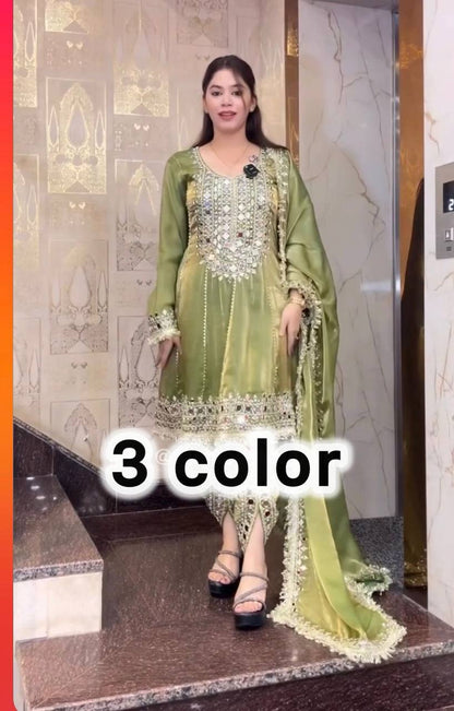 Premium Designer Party Wear Top with Dhoti & Dupatta – Heavy Frandy Silk with Real Mirror Embroidery