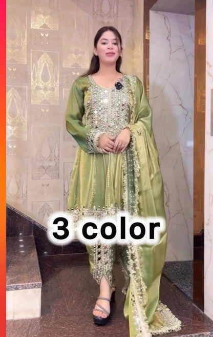 Premium Designer Party Wear Top with Dhoti & Dupatta – Heavy Frandy Silk with Real Mirror Embroidery