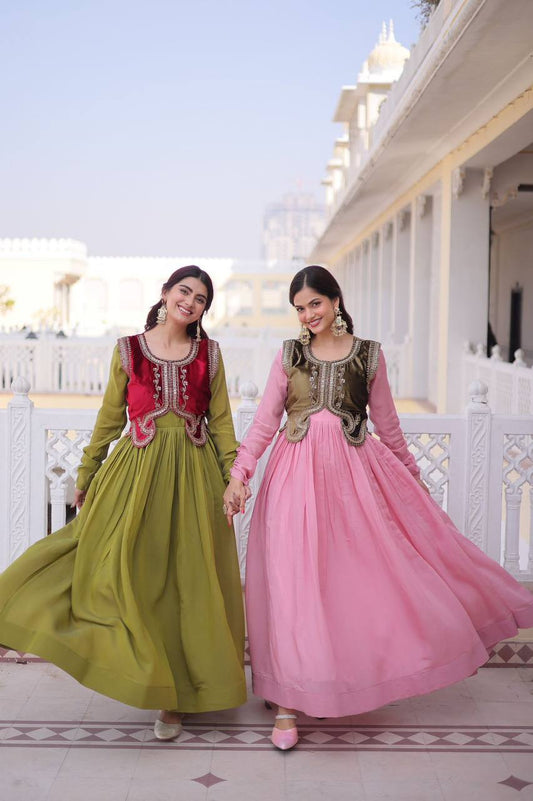 Premium Readymade Gown with Ice Velvet Koti – Mal Chanderi Fabric & Sequins Embroidery