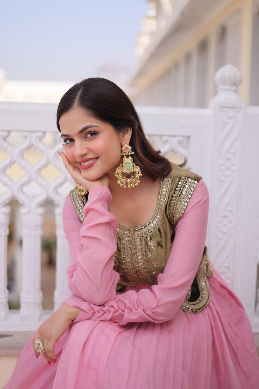 Premium Readymade Gown with Ice Velvet Koti – Mal Chanderi Fabric & Sequins Embroidery