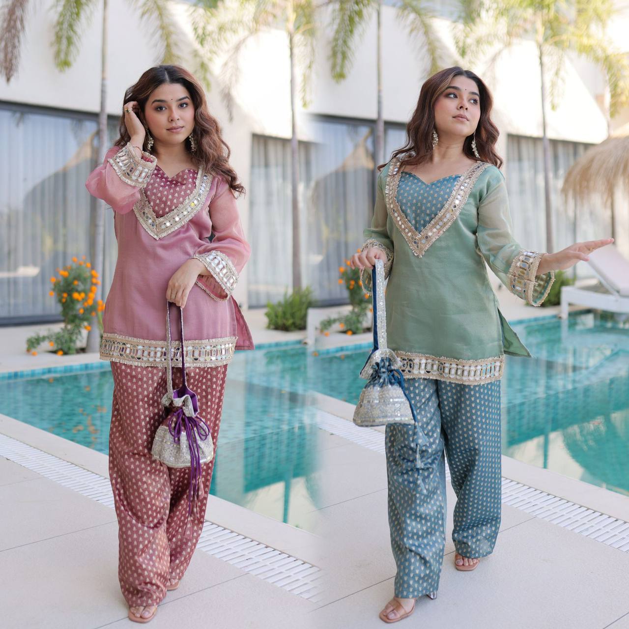 Premium Readymade Top & Pant Set with Batwa – Salasa Fabric, Mirror & Lace Work